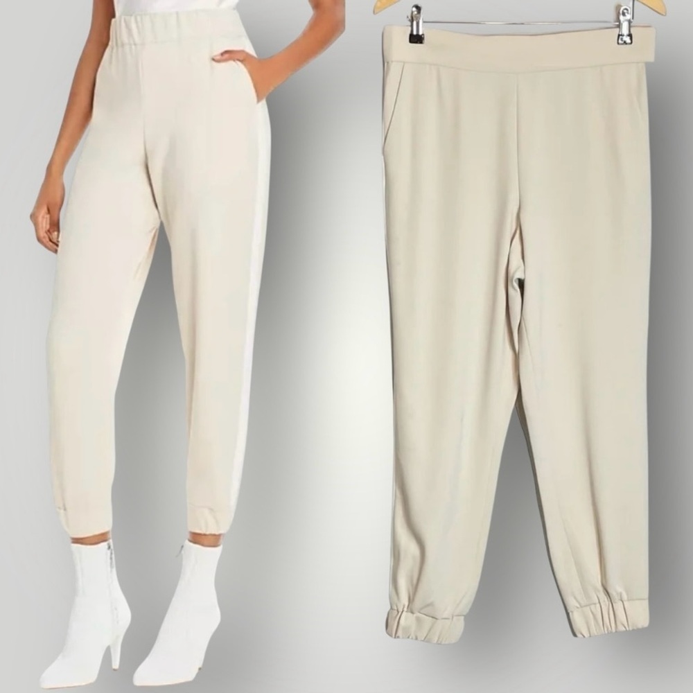 Alice + Olivia Pete Jogger Pants Size Large Side Stripe Cream Pockets EUC